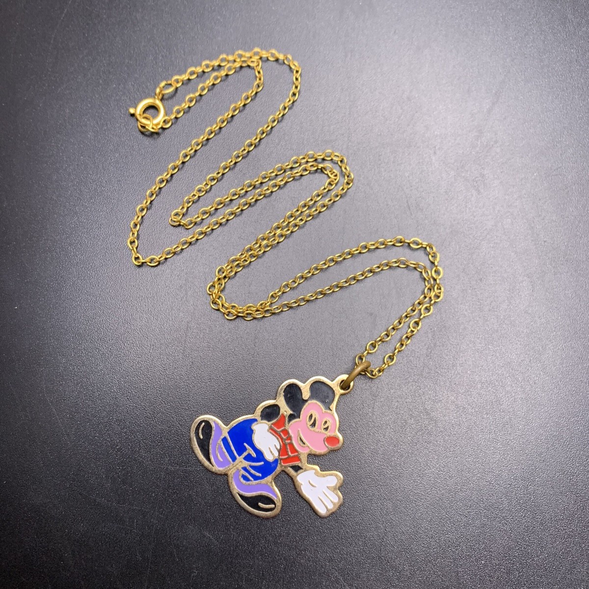 Mickey Mouse Pendant Necklace Charm Enamel Gold Tone Old Vintage