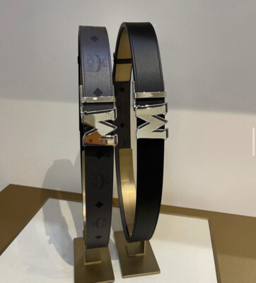 MCM Men Gray and Black M Logo Buckle Monogram Reversible Leather