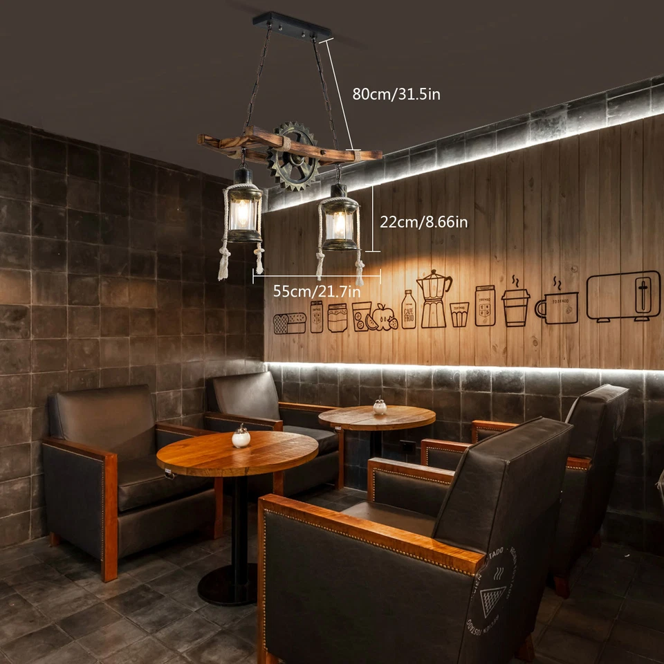 Rustic Wood Chandelier Farmhouse Loft Vintage Pendant Light Ceiling Fixture Lamp - Image 3 of 4