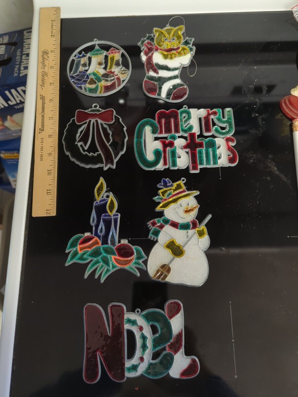 Vintage 7 Plastic & Metal "Stained Glass" Look Christmas Ornaments 