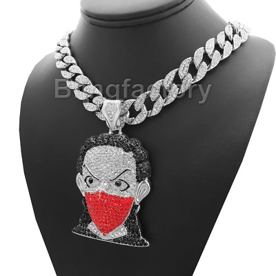 Hip Hop Large Masked Goon Pendant  & 16'' Full Iced Cuban Choker Chain Necklace