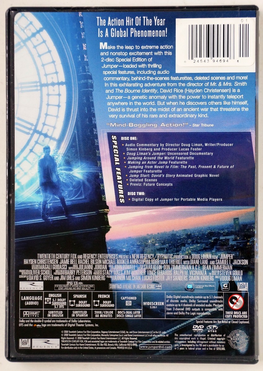 Jumper (DVD, 2008, 2-Disc Set) Hayden Christensen, Jamie Bell, Rachel  Bilson, VG - Main Image