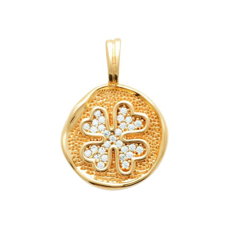 Pendentif médaille trèfle orné de zirconium en plaqué or 18 carats précieux