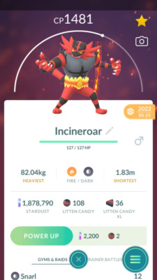 Pokemon Trade GO - Incineroar ( Litten Evolution ) & 3Moves for PVP Great League