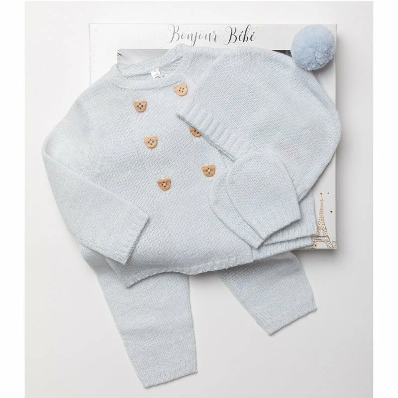 NEWBORN BABY BOY SPANISH STYLE KNITTED POM OUTFIT BLUE PRAM SET