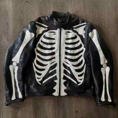 Men's Genuine Leather Skeleton Bones Jacket Stylish Motorcycle Riding  Coat