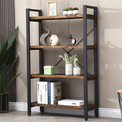 Rustic 4-Tier Solid Wood Bookshelf - Vintage Industrial Etagere Bookcase