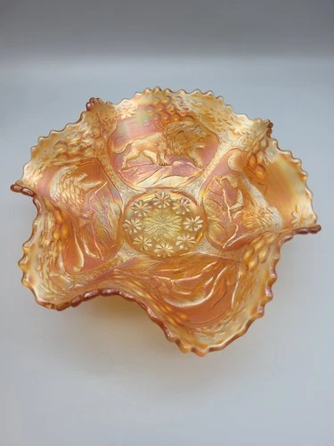 Vintage Fenton Marigold Carnival Glass Lions Tree Scalloped Edge Candy Dish 7.5"