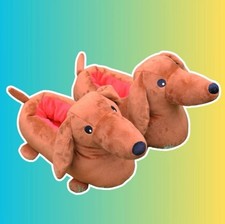 EUC Dachshund Plush Slippers - Brown Cozy Dog Comfy House, Sz L, GREAT SHAPE 