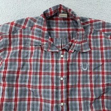 True Religion Plaid Shirt Mens XL Red Gray Short Sleeve Button Up Made in USA