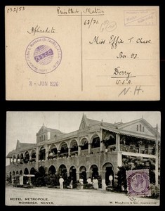 DR WHO 1926 KUT KENYA MOMBASA POSTCARD CORRESPONDENCE CLUB TO USA R91795