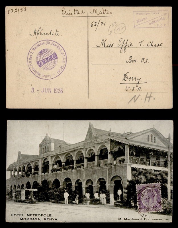 DR WHO 1926 KUT KENYA MOMBASA POSTCARD CORRESPONDENCE CLUB TO USA R91795