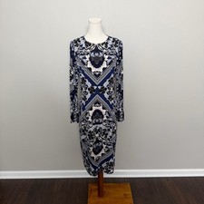 Maggy London Dress Midi Floral Sheath Long Sleeve Lined Cocktail Travel Blue