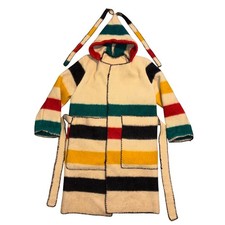 Vintage Handmade Hudson Bay Style Wool Blanket Coat Multi Stripe Hooded Belted