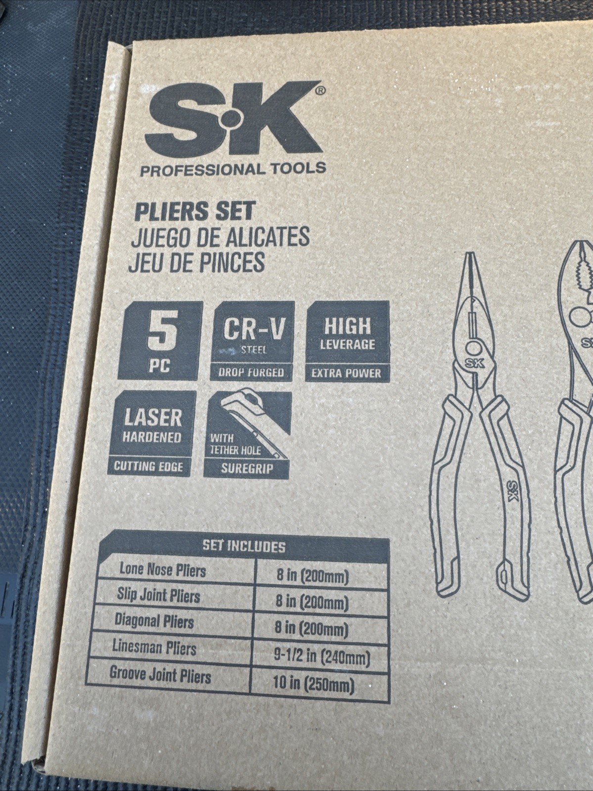 5pc Pliers Set SK Tools Linesman, Groove, Slip Joint, Diagonal Long Nose Sk01458