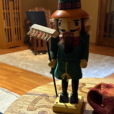 Wooden Nutcracker Figure Green Coat Holding Rake Solid Christmas Holiday Decor