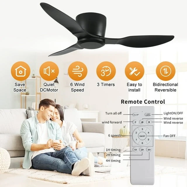 42" Flush Mount Ceiling Fan without light, 3 Reversible Blades, with 6 Speeds Re - Image 3 of 4