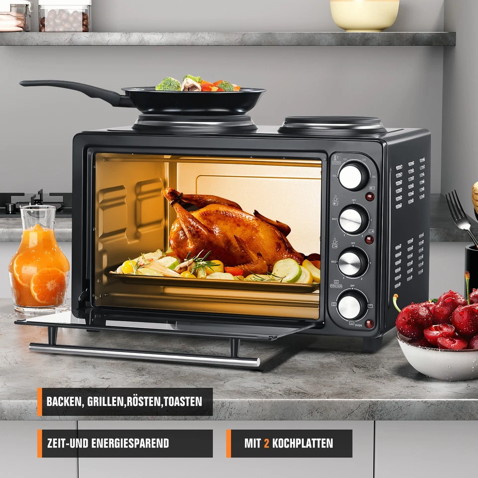 2in1 Minibackofen mit Kochplatte 3200W 36L Umluft Edelstahlofen Pizzaofen Toasto - Bild 3 von 4