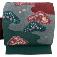 Vintage Green Silk Nagoya Obi Geometric Pattern, Excellent Condition