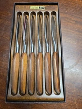 vintage set of six West Bend steak knives w Fleetwood wood handles Wood Holder
