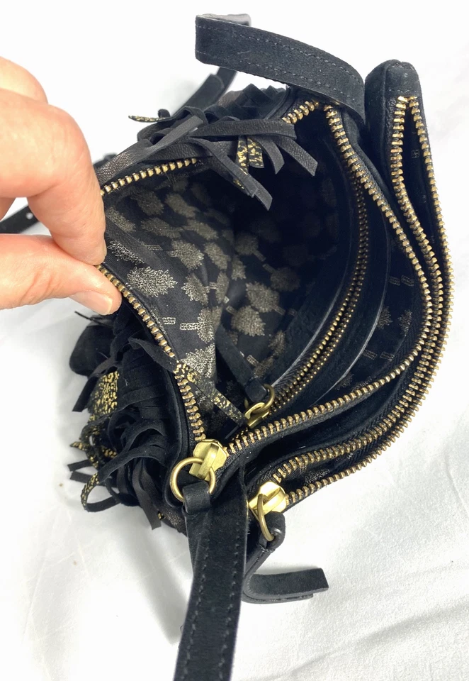 Черный, золотой бахромой замши кожи дизайнерский Cotelac крест тела молнии верхняя сумка 8 «x 6» - Изображение 4 из 4