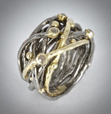 Bjorg Nest Statement Ring 317 Gold umwickelt und oxidiert Sterlingsilber UVP 580£