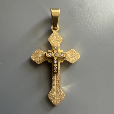 Stainless Steel Gold Plated Double Cross Cubic Zirconia Pendant 24  Box Necklace