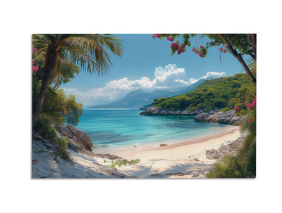 Tropical Island Beach Wall Art Print   Turquoise Waters, White Sand & Palm Trees