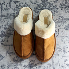 Women's Brown Faux Suede Slip-On Slippers Faux Fur Lined Round Toe Size 8