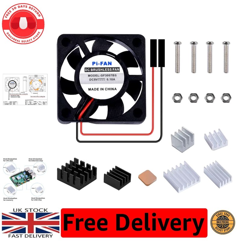 Aluminum Cooling Fan for Raspberry Pi 4B/3B+ - Easy Installation with Heatsinks
