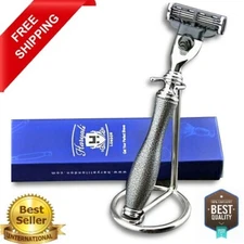 2 Pcs Mens Shaving Set with 3 Edge Razor and Stainless Steel Razor Stand/Holder