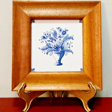 Delft Blue and White Floral Porcelain Tile - Wide Vintage Oak Frame, Holland