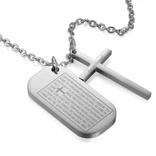 Mens Bible Dog Tag Cross Stainless Steel English Verse Pendant Necklace Chain