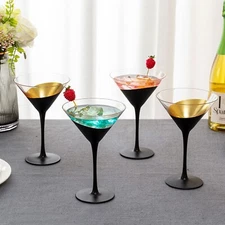 Matte Black & Gold Tone Plated Martini Glasses, Cocktail Stemmed Glass, Set of 4