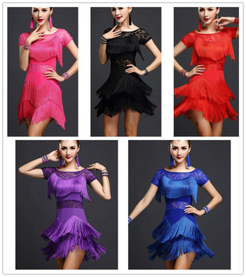 Latein Salsa Tanzkleid Cha Cha Tango Ballsaal Kostüm Fransen Rumba Quasten Spitze