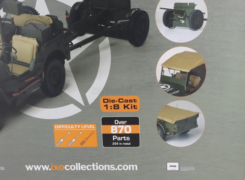 KIT MODELLINO AUTO STATICO IXO JEEP WILLYS USA ARMY WITH TRAILER 1941 SCALA 1/8 - Immagine 3 di 4