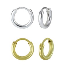925 Sterling Silver Gold Silver 2mm Thick Sleeper Hoop 10mm Kids Women Earrings