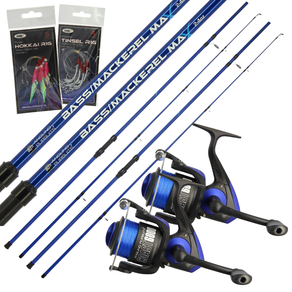 2 x Sea Fishing Bass Rods & Rees Mackerel Rod 10ft 2pc Feathers Rod Blue