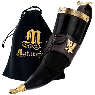 Viking Drinking Horn Medieval Knight Wine Ale with Brown Leather holder 350 ML