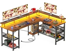 Reversible L Shaped Computer PC Gaming Desk Table with Power Outlet & LED Lights