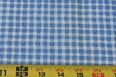 By 1/2 Yd, Vintage, Hearts on Blue & White Gingham Polished Cotton-Blend, V51