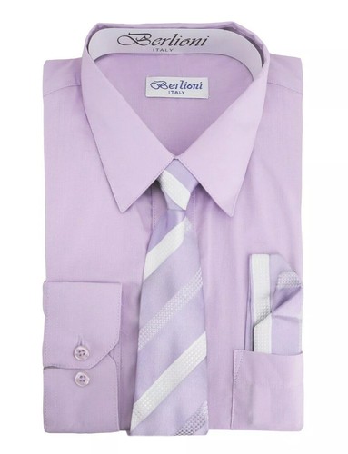 Berlioni Italy Toddlers Kids Boys Long Sleeve Dress Shirt Set With Tie & Hanky - Picture 11 of 12