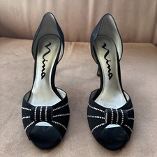 NINA Womens Satin Bow Jeweled High Heel Classic Evening Open Toe Shoes - Silk