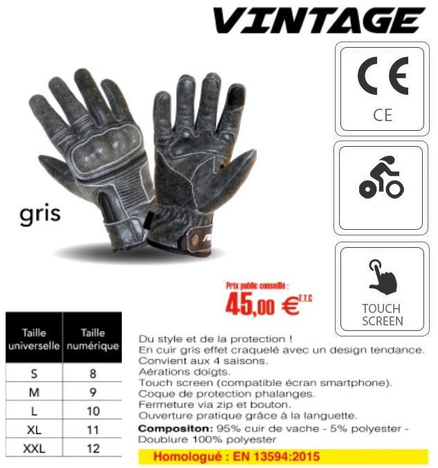 Gants moto homologués CE finition vintage et textile gris