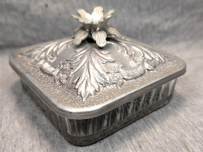 Vintage Glass Powder Box w/ Hammered Aluminum Lid 2-1/2'' by 4'' Unmarked