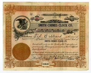 IN. Smith Chimes Clock Co., 1921. 1 Shr Capital Stock I/U Cert., S/N 28. Fine