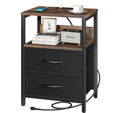  Nightstand with Charging Station, Small Night Stand with Vintage Brown/Black