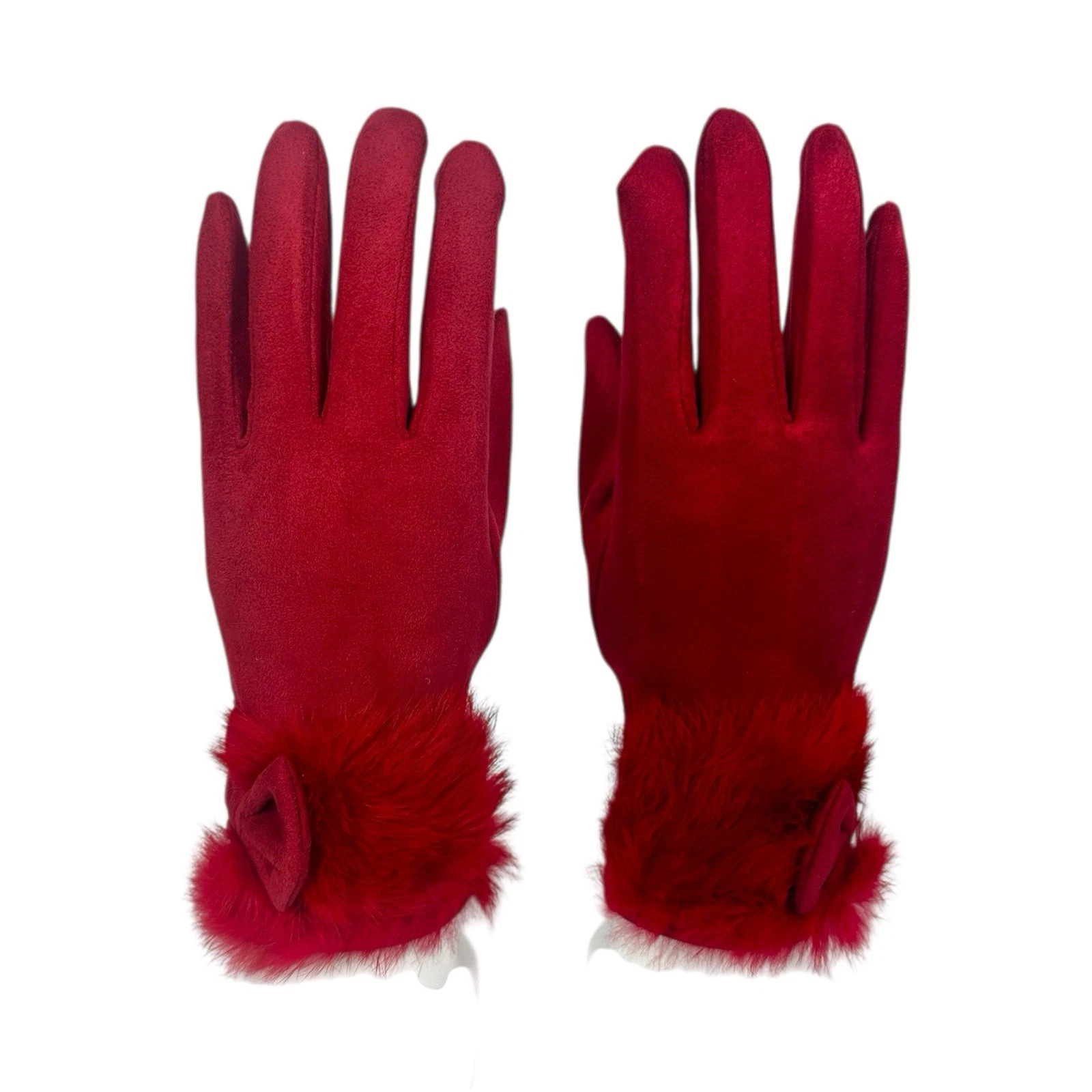 Red Sueded Gloves w/RABBIT Trim, One Sz w/Stretch, Certified Vintage Fur