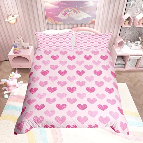 Loussiesd Pink Heart Duvet Cover Double Breathable Kids – Double
