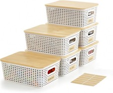 Small Plastic Storage Bins with Bamboo Lids 5.2qt Stackable Box Basket Pantry